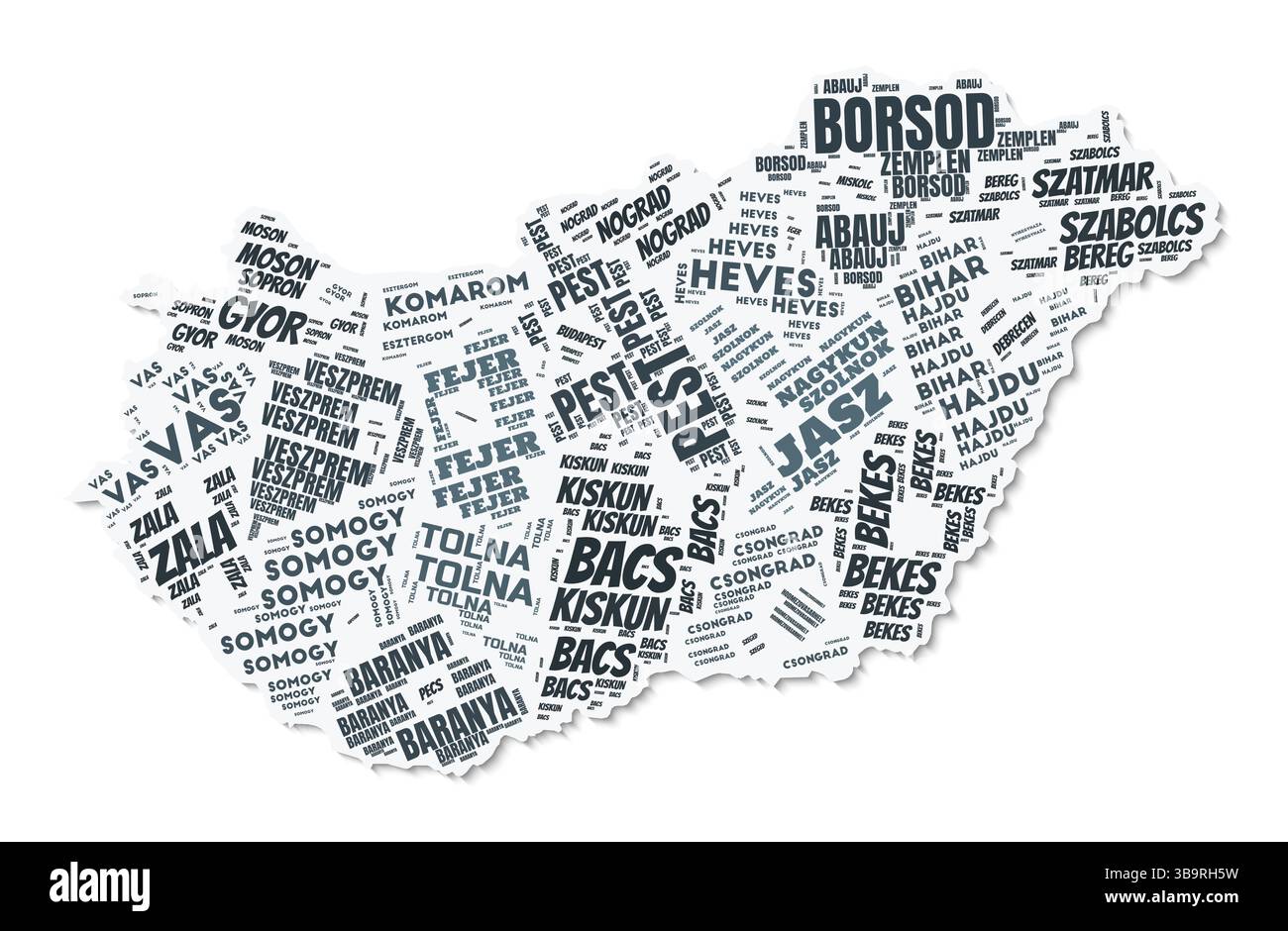 Nuage de texte de forme Hongrie. Frontière de pays avec ombre sur fond blanc. Hongrie avec division des régions dans le style vintage gazette. Illustration de Vecteur