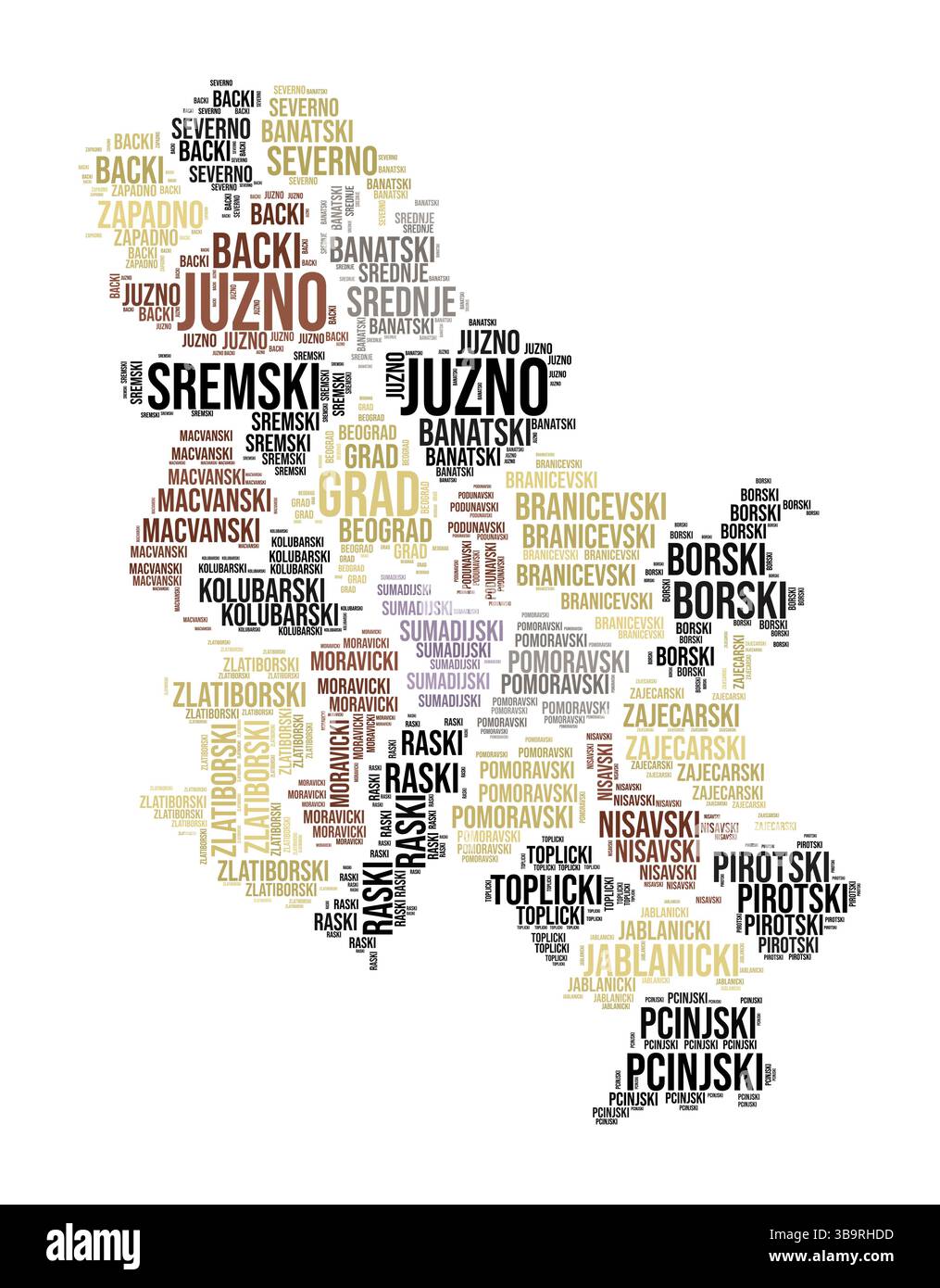 Nuage de mots Serbie. Forme du pays avec division de région. Image de style typographie Serbie. Nuages de balises de noms de région. Illustration vectorielle. Illustration de Vecteur