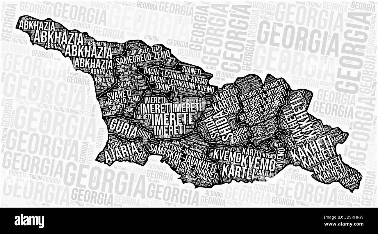 Nuage de mots cartographiques des régions de Géorgie. Noms des régions de Géorgie. Conception de carte en noir et blanc. Illustration vectorielle élégante. Illustration de Vecteur