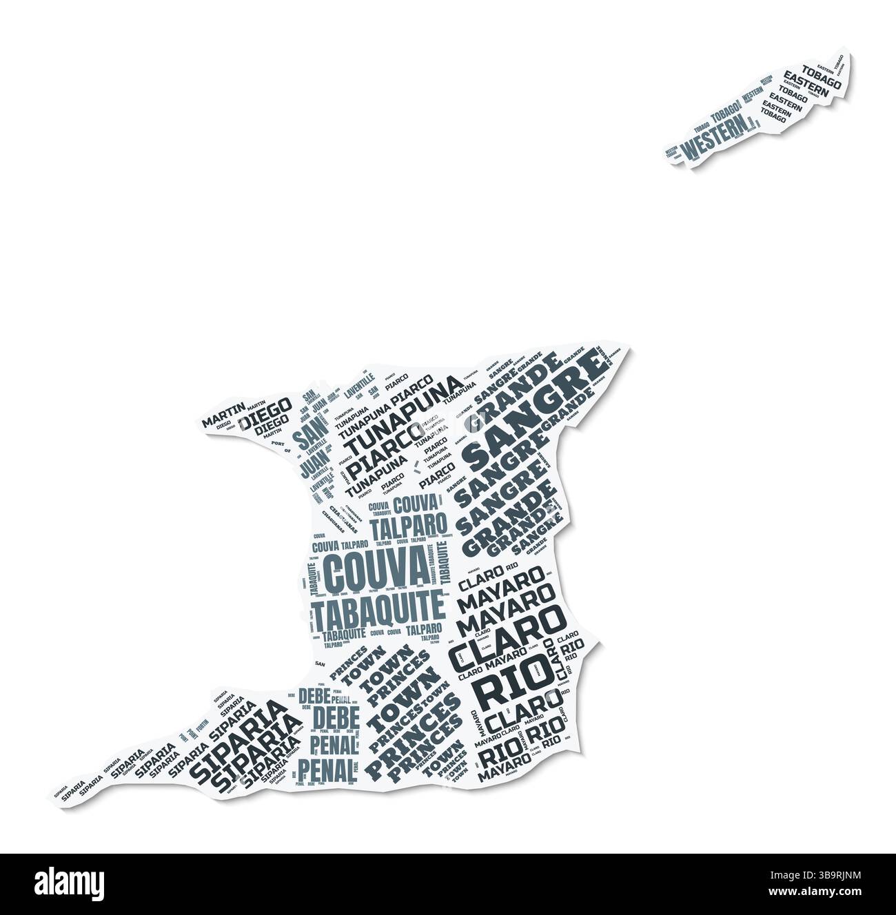 Trinité-et-Tobago forme un nuage de texte. Frontière de pays avec ombre sur fond blanc. Illustration de Vecteur