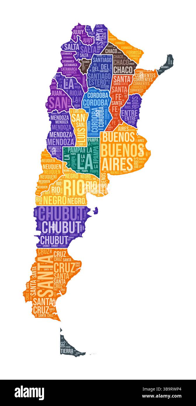 Forme Argentine. Nuage de mots de pays avec division de région. Argentine illustration colorée. Nuage de noms de région. Illustration vectorielle. Illustration de Vecteur