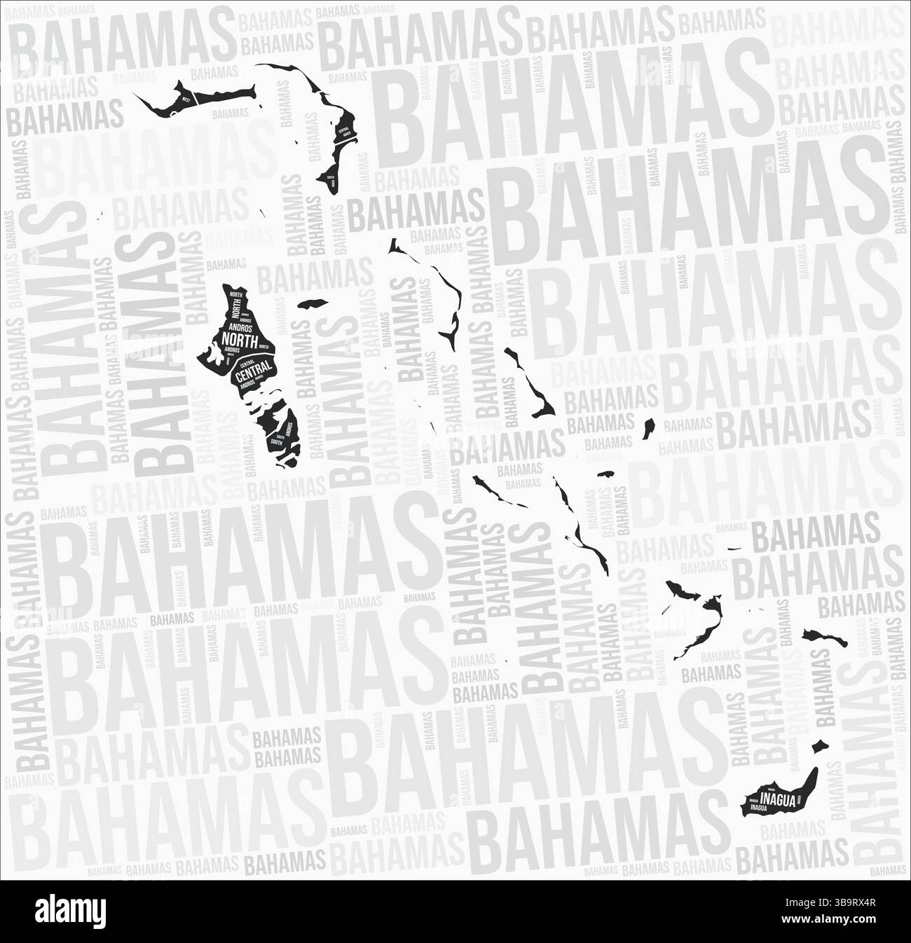 Les régions des Bahamas cartographient le nuage de mots. Noms de région Bahamas. Conception de carte en noir et blanc. Illustration vectorielle étonnante. Illustration de Vecteur