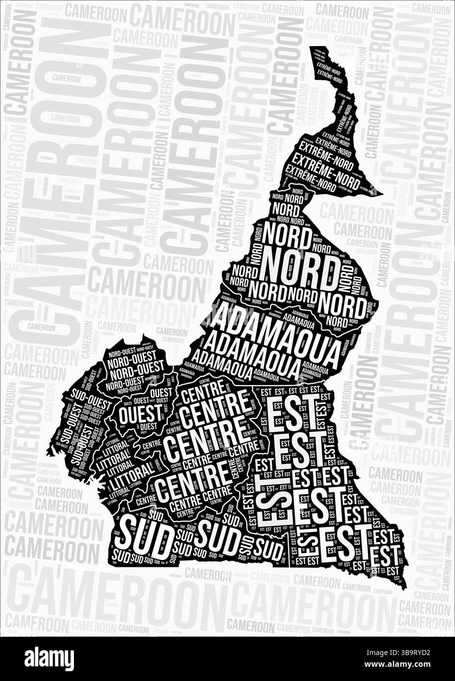Cameroun régions carte nuage de mots. Noms des régions du Cameroun. Conception de carte en noir et blanc. Illustration vectorielle créative. Illustration de Vecteur