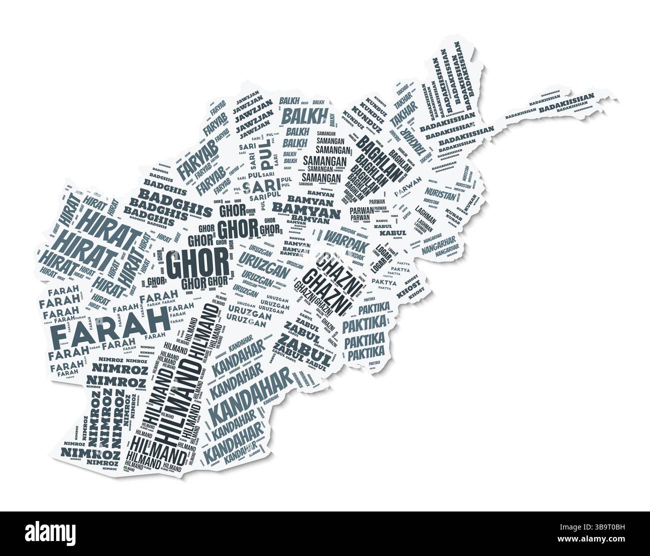 Nuage de texte de forme Afghanistan. Frontière de pays avec ombre sur fond blanc. Afghanistan avec division des régions dans le style vintage gazette. Illustration de Vecteur