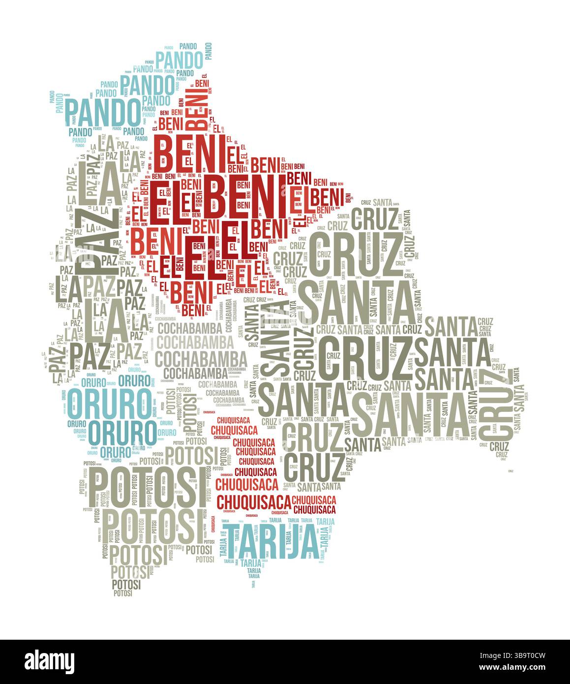 Bolivie Word Cloud. Forme du pays avec division de région. Bolivie image de style typographie. Nuages de balises de noms de région. Illustration vectorielle. Illustration de Vecteur