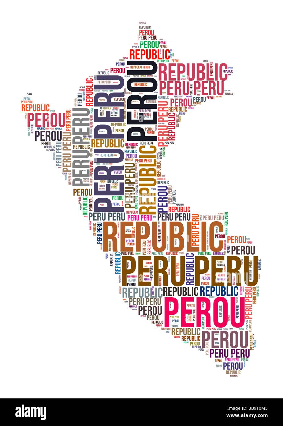 Nuage de mots en forme de pays Pérou. Illustration de pays de style typographique. Image Pérou dans le style nuage de texte. Illustration vectorielle. Illustration de Vecteur