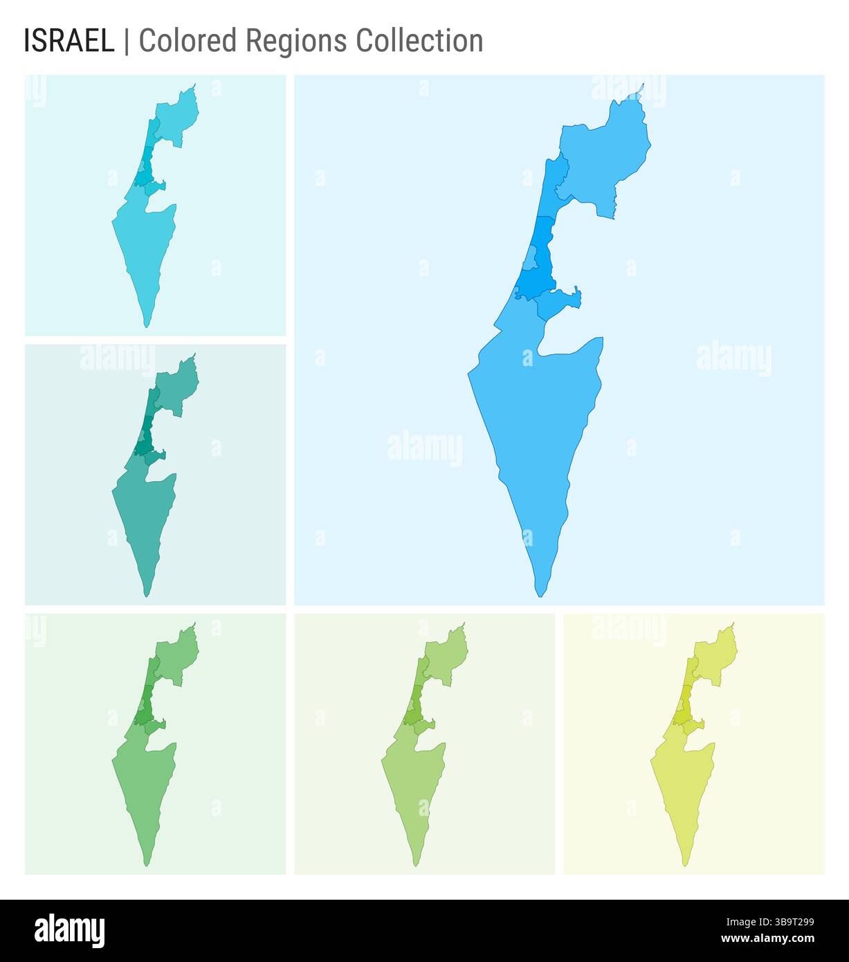 Collection de cartes d'Israël. Forme de pays avec régions colorées. Bleu clair, cyan, sarcelle, vert, vert clair, palettes de couleurs de chaux. Illustration de Vecteur