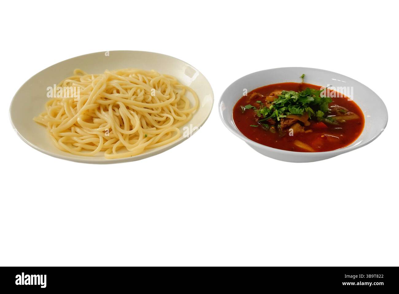 Lagman ouïghour traditionnel avec nouilles tirées à la main, bœuf, légumes et riche bouillon épicé, garni d'herbes fraîches. Banque D'Images