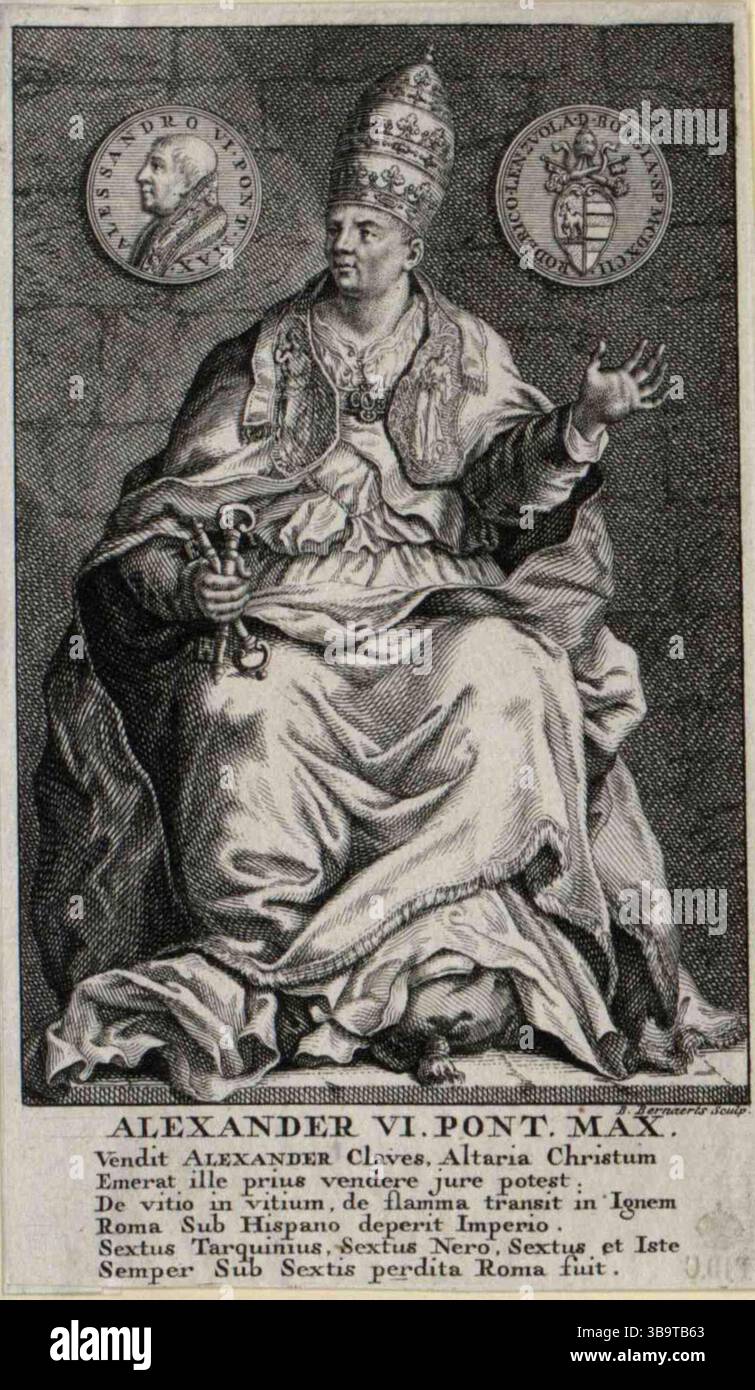 Le pape Alexandre VI (né Roderic Llançol i de Borja ; c. 1431 – 18 août 1503) était chef de l'Église catholique et souverain des États pontificaux du 11 août 1492 jusqu'à sa mort en 1503. Alexandre est l'un des papes les plus controversés de la Renaissance, en partie parce qu'il a reconnu avoir eu plusieurs enfants par ses maîtresses. En conséquence, son nom de famille valencien italianisé, Borgia, est devenu synonyme de libertinisme et de népotisme, traditionnellement considérés comme caractérisant son pontificat. Banque D'Images