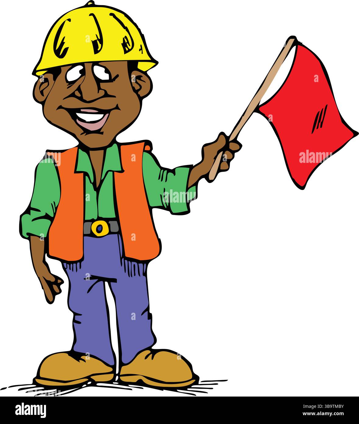 Une illustration vectorielle abstraite montre un homme ouvrier de la construction tenant un drapeau rouge dans le style de dessin animé Illustration de Vecteur