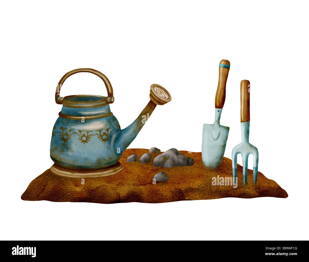 Une charmante illustration avec un arrosoir vintage, une pelle et une fourchette sur le sol, idéal pour les thèmes de jardinage. Composition d'aquarelle dessinée à la main isolée sur fond transparent. Banque D'Images