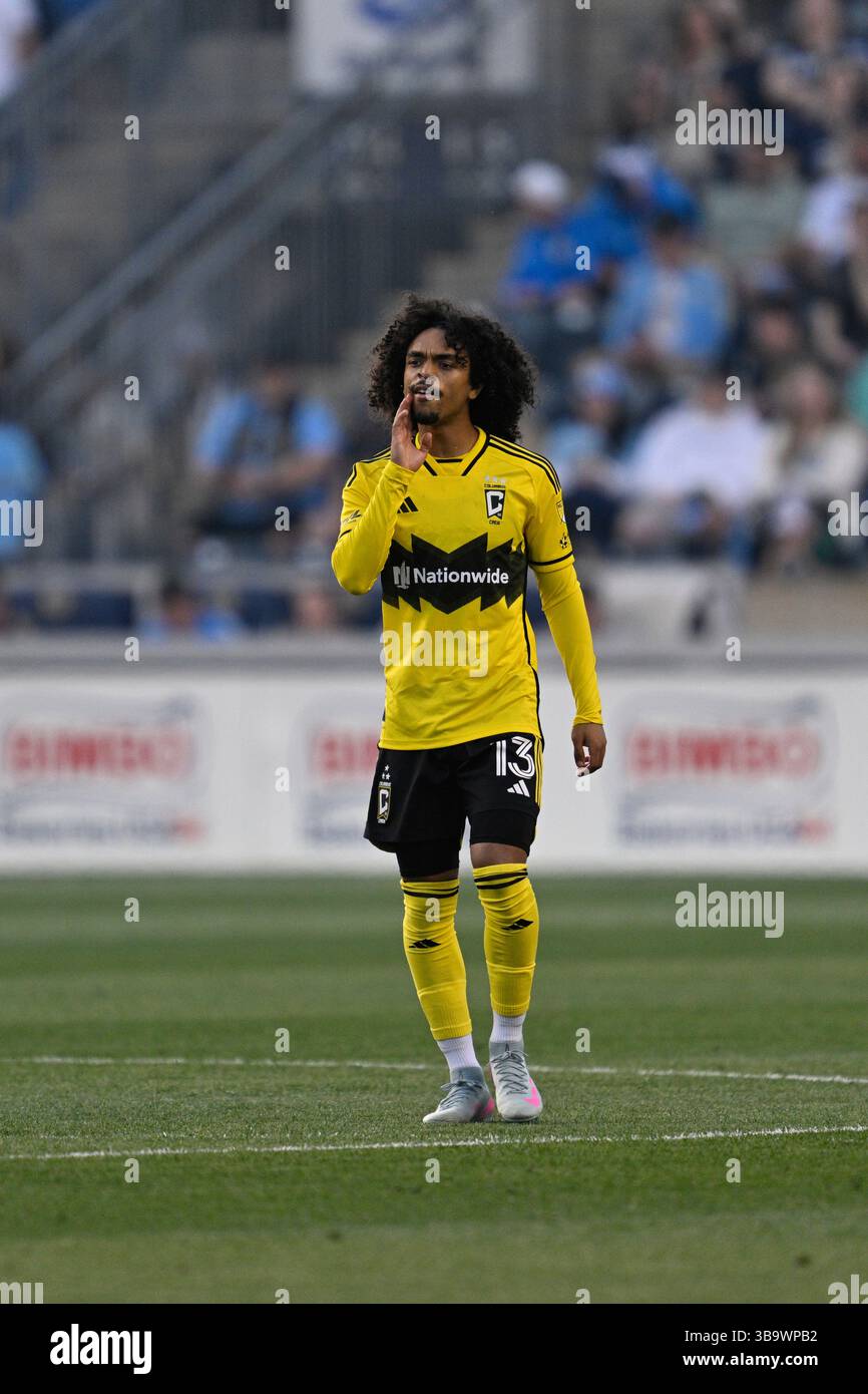 CHESTER, PA - MAY 10: Columbus Crew midfielder Aziel Jackson #13 is shown during the game between the Philadelphia Union and Columbus Crew on May 10th, 2025 at Subaru Park in Chester, PA. (Photo by Terence Lewis/Icon Sportswire) (Icon Sportswire via AP Images) Banque D'Images