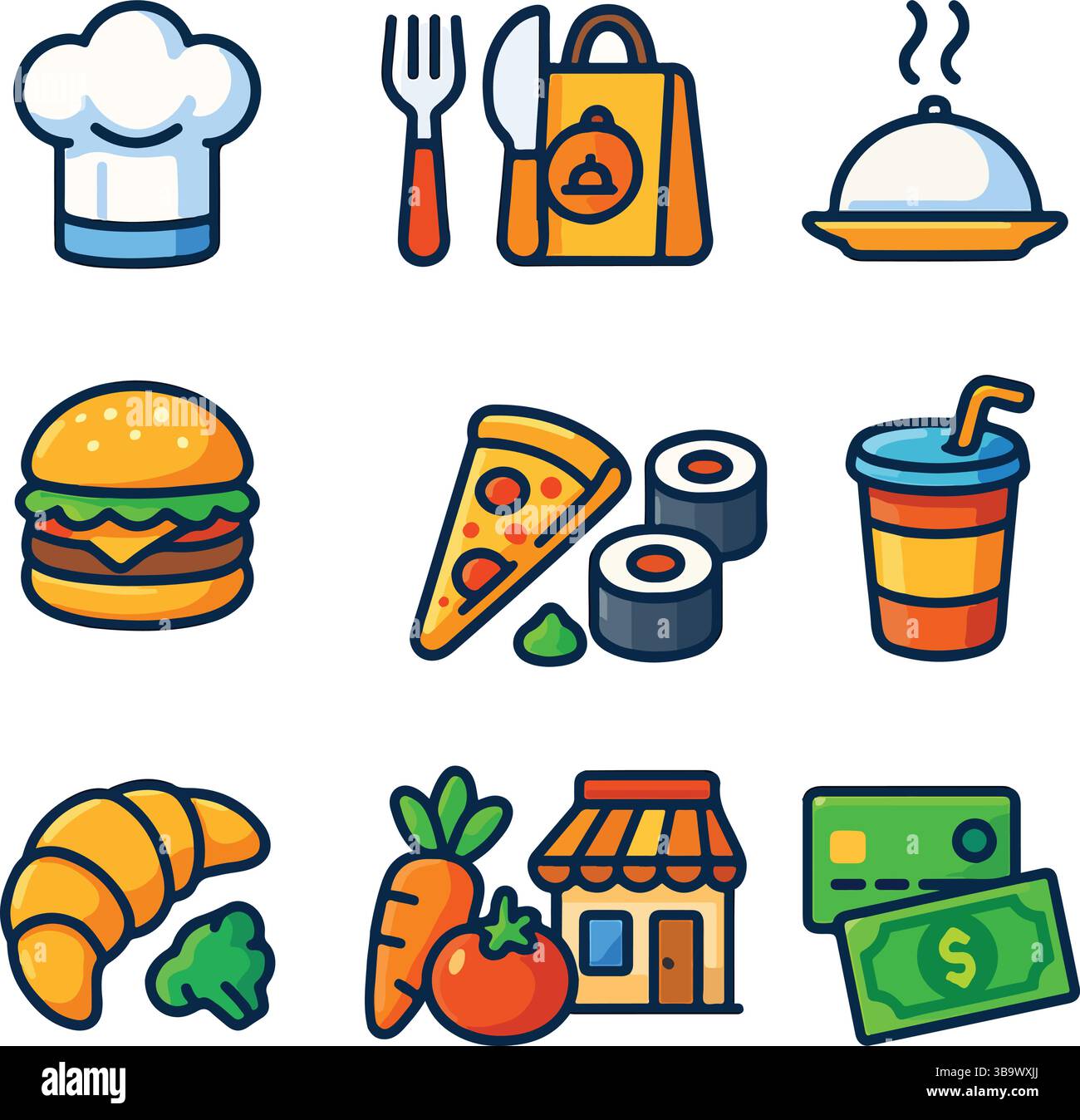 Rehaussez vos créations culinaires avec cet ensemble d'icônes polyvalent comprenant 9 symboles essentiels pour les thèmes culinaires et culinaires ! Illustration de Vecteur