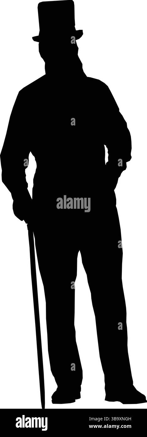 Silhouette d'un gentleman portant un chapeau haut de gamme et tenant une canne, évoquant l'élégance, le mystère et le charme historique ou théâtral Illustration de Vecteur