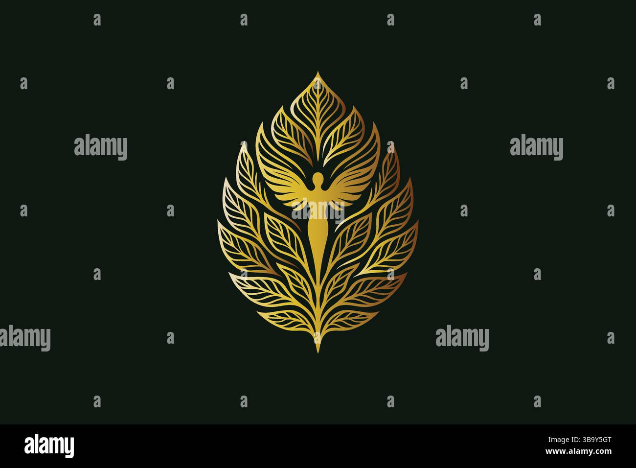 Élégant logo Golden Angel Wing avec des éléments de feuille et de fée pour une marque de luxe Illustration de Vecteur