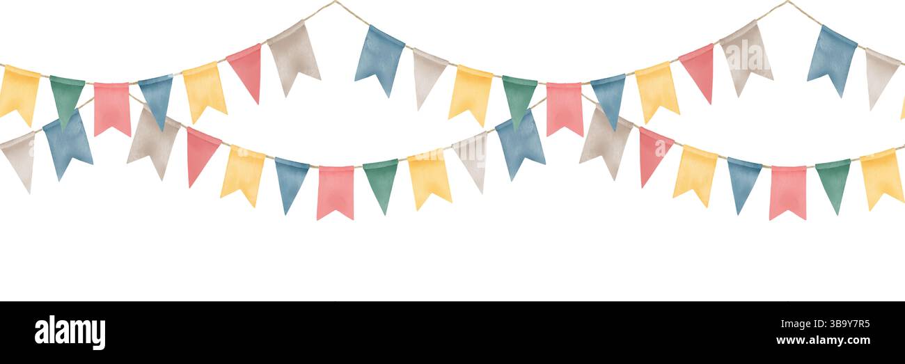 Drapeaux colorés sur une guirlande festive. Bordure horizontale sans couture. Illustration aquarelle. Une guirlande pour enfants pour des vacances, isolée sur backgrou blanc Banque D'Images
