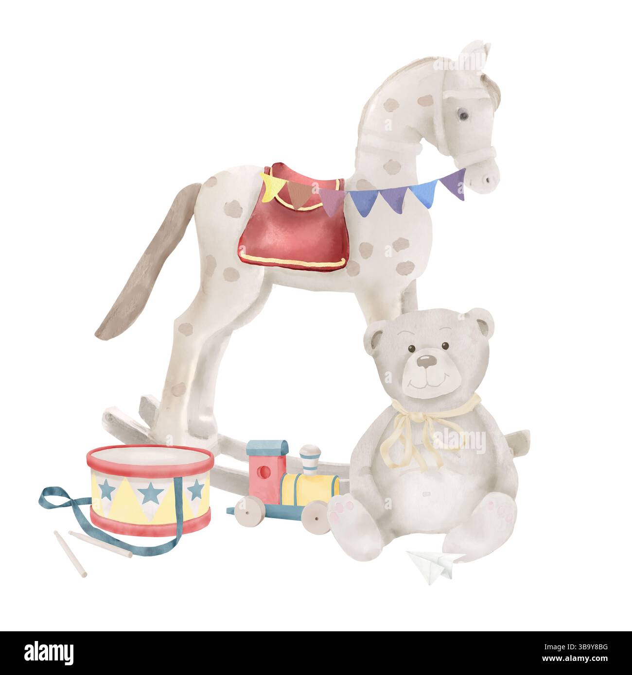 Cheval à bascule et ours en peluche. Il y a un tambour et un train jouet à proximité. Illustration aquarelle. Un poney drôle pour la chambre des enfants est décorat Banque D'Images