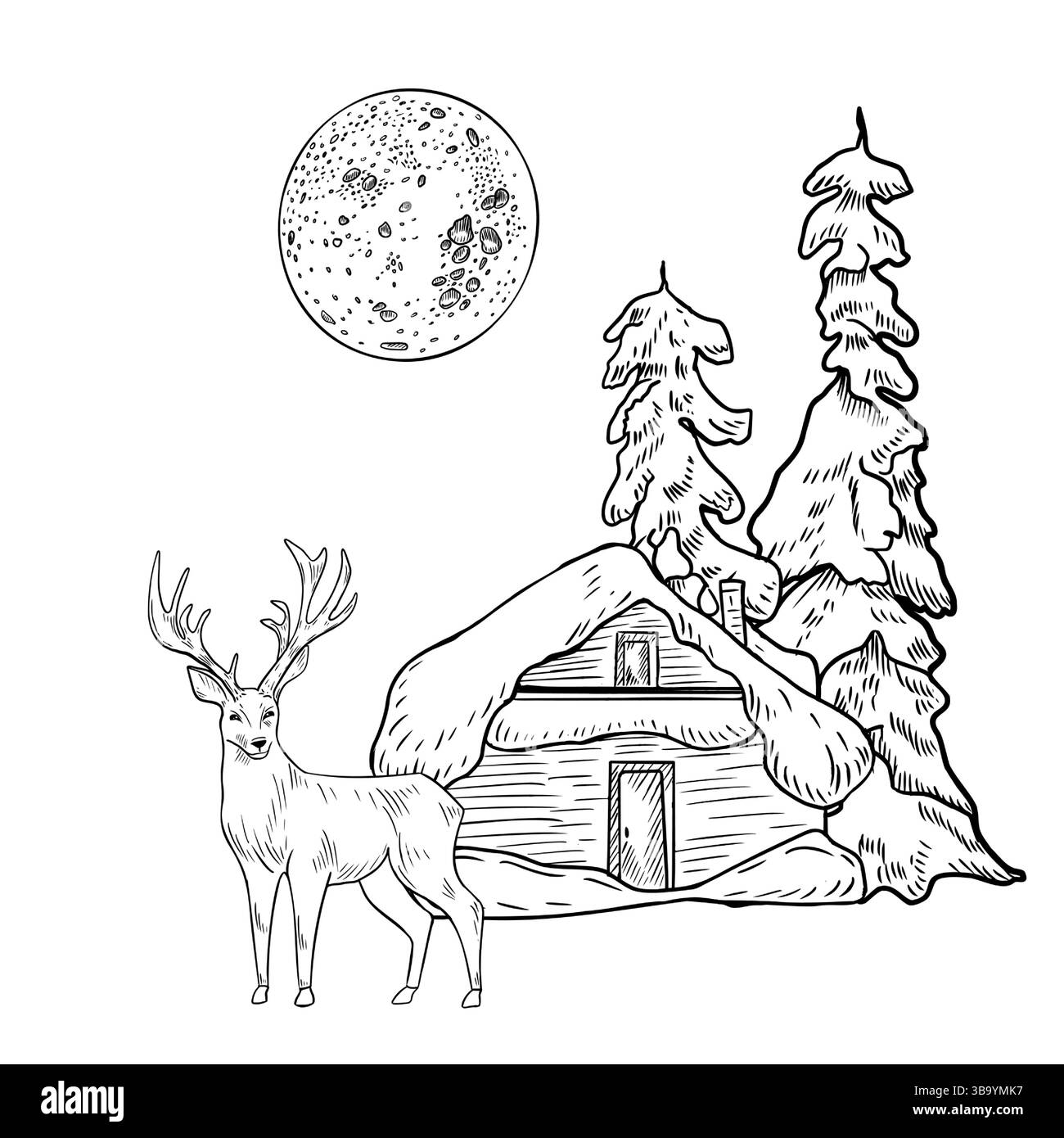 Scène de forêt d'hiver avec cerfs, pleine lune, pins et cabane boisée, illustration vectorielle de contour blanc noir dessinée à la main. Dessin à l'encre monochrome Illustration de Vecteur