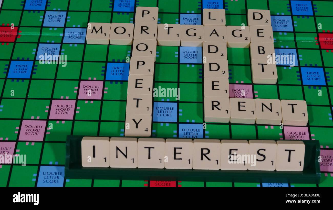 Le concept de propriété de la maison sont énoncés sur un conseil de Scrabble avec les mots : hypothèque, prêts, dette, échelle de propriété Banque D'Images