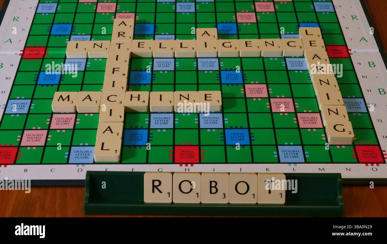 Le concept d'IA est illustré sur un tableau de Scrabble avec les mots robot, machine, Learning, Artificial Intelligence écrits en lettres Banque D'Images