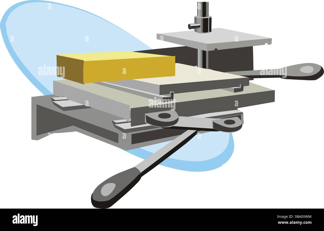 Une illustration élégante d'une presse industrielle grise et jaune avec des poignées noires Illustration de Vecteur