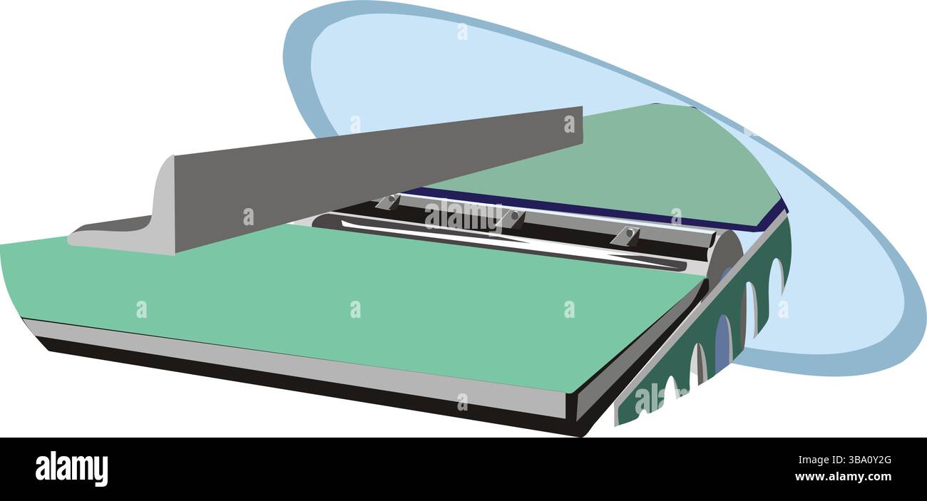 Une illustration vectorielle abstraite montre une machine de cisaillement industrielle pour les travaux de menuiserie dans le style de dessin animé Illustration de Vecteur
