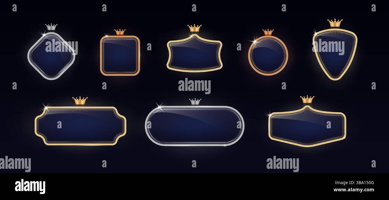 Cadre VIP. Logo couronne en métal, badge de luxe 3d or ou argent sur noir. Design royal bronze brillant de qualité supérieure. Différentes formes géométriques, collection isolée décorative d'invitation royale, ensemble élégant de vecteur Illustration de Vecteur