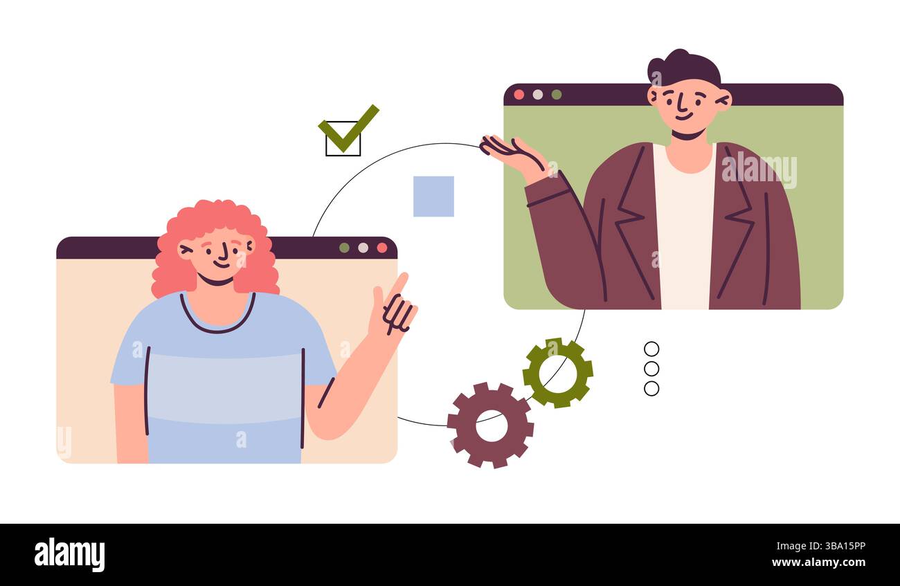 Réunion en ligne. Conférence Web d'affaires, technologie d'appel virtuel, homme et femme sur écran d'ordinateur. à distance en utilisant un ordinateur portable, un webinaire et une communication. Illustration isolée de style plat de dessin animé vectoriel Illustration de Vecteur