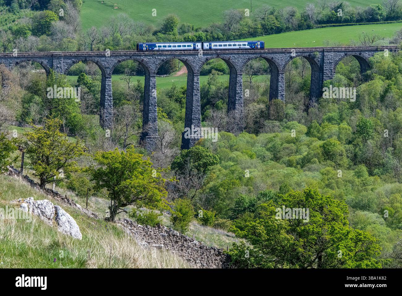 Un train Northern Sprinter traversant le plus haut viaduc de la ligne de chemin de fer Settle-Carlisle, Smardale, Westmorland & Furness, Cumbria, Royaume-Uni Banque D'Images