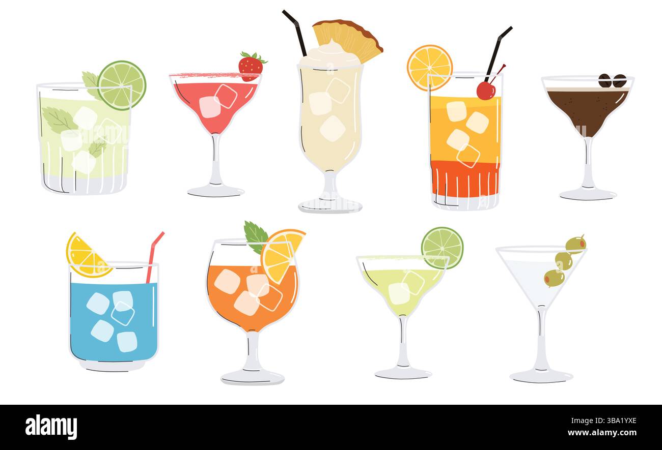 Service de cocktails d'été. Boissons alcoolisées dans différents verres. Menu cocktail illustration clipart Illustration de Vecteur