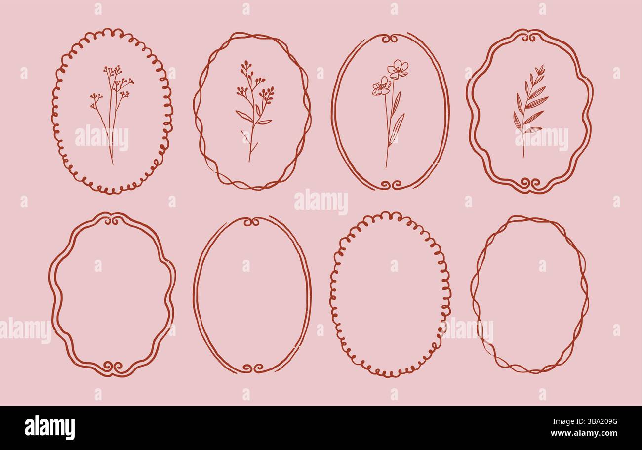 Cadres vintage dessinés à la main avec des plantes. Style fantaisiste des crayons de couleur. Décoration murale moderne et tendance Illustration de Vecteur