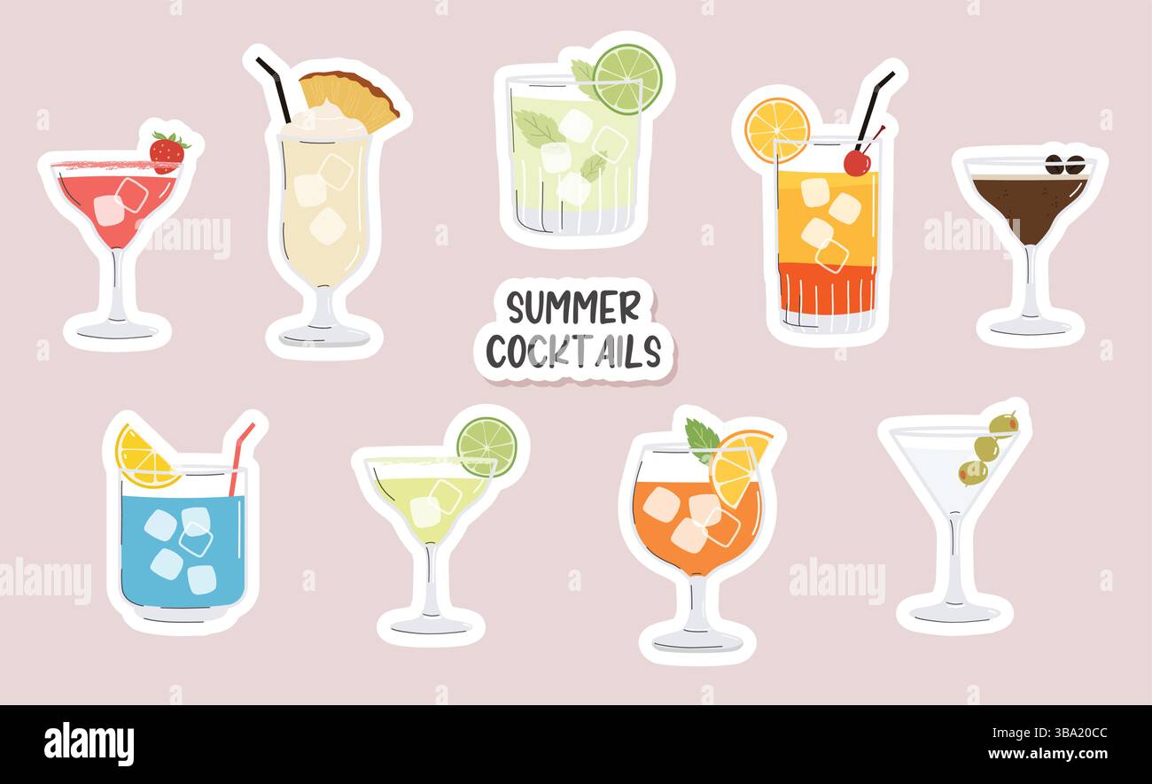 Service de cocktails d'été. Boissons alcoolisées dans différents verres. Illustration de menu cocktail, autocollants Illustration de Vecteur