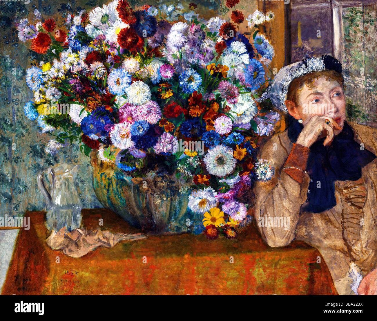 Une femme assise à côté d'un vase de fleurs (Madame Paul Valpinзon). Edgar Degas (français, Paris 1834-1917 Paris) date : 1865. Huile sur toile. 29 x 36 1/2 po Banque D'Images