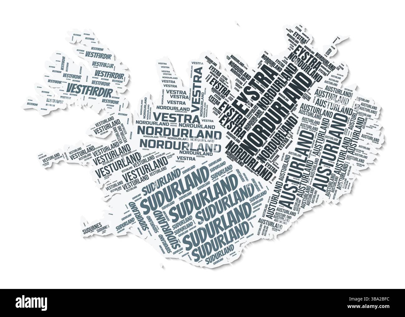 Nuage de texte de forme Islande. Frontière de pays avec ombre sur fond blanc. Islande avec division des régions dans le style vintage gazette. Illustration de Vecteur