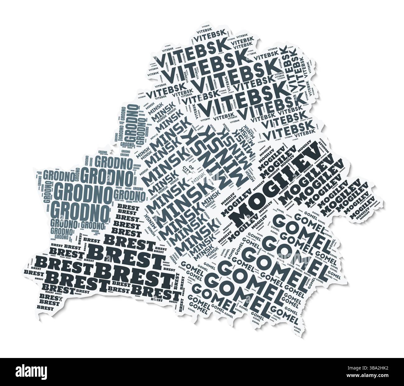 Nuage de texte de forme Biélorussie. Frontière de pays avec ombre sur fond blanc. Biélorussie avec division des régions dans le style vintage gazette. Illustration de Vecteur