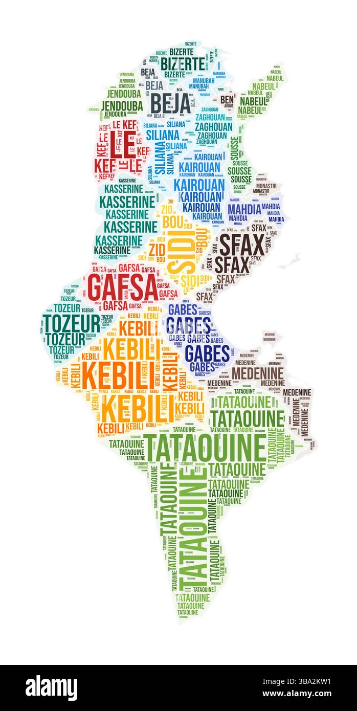 Nuage de mots de la région Tunisie. Forme campagnarde. Tunisie illustration colorée. Nuage de collage de noms de région. Illustration vectorielle. Illustration de Vecteur