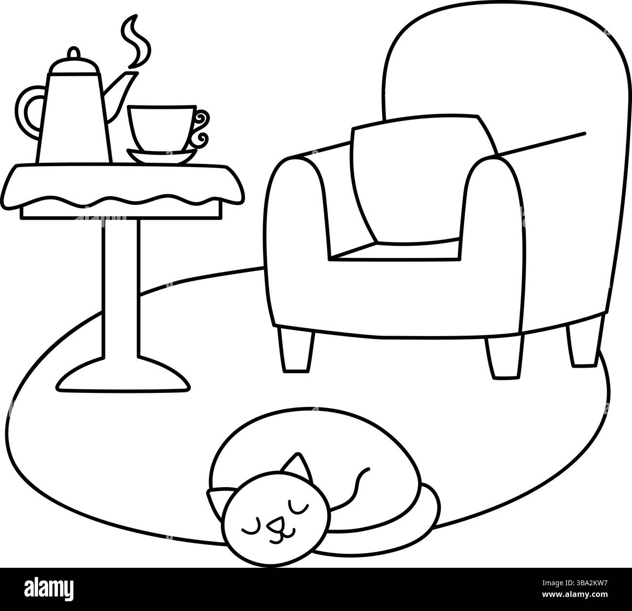 Fauteuil Vector noir et blanc avec coussin, tapis, chat endormi, table basse avec tasse et bouilloire. Clipart de ligne de salon ou de salon de fée. Mignon Illustration de Vecteur