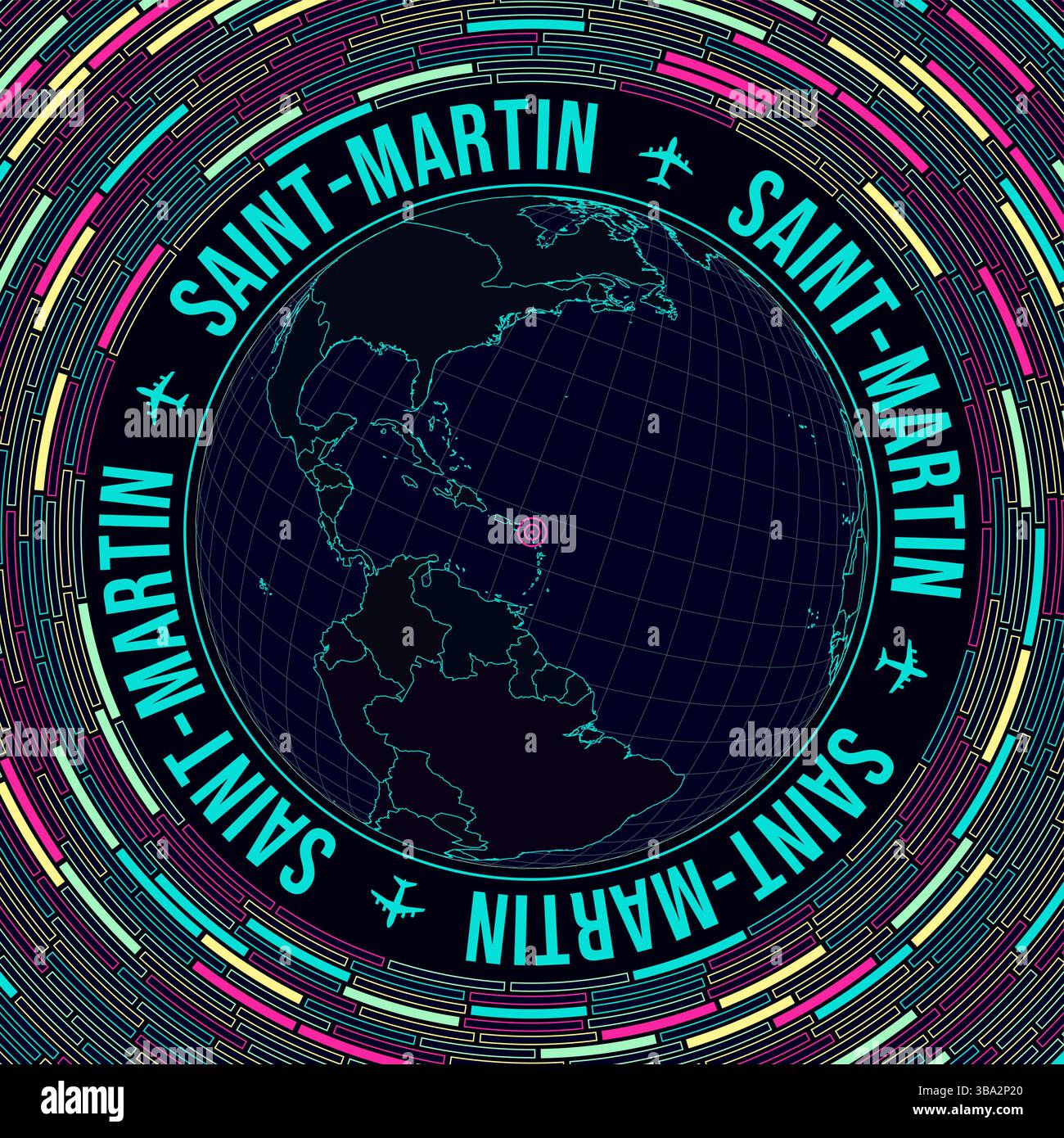 Saint Martin sur le globe. Vue satellite du monde centrée sur Saint Martin. Style néon lumineux. Fond futuriste de briques radiales. Illustration de Vecteur