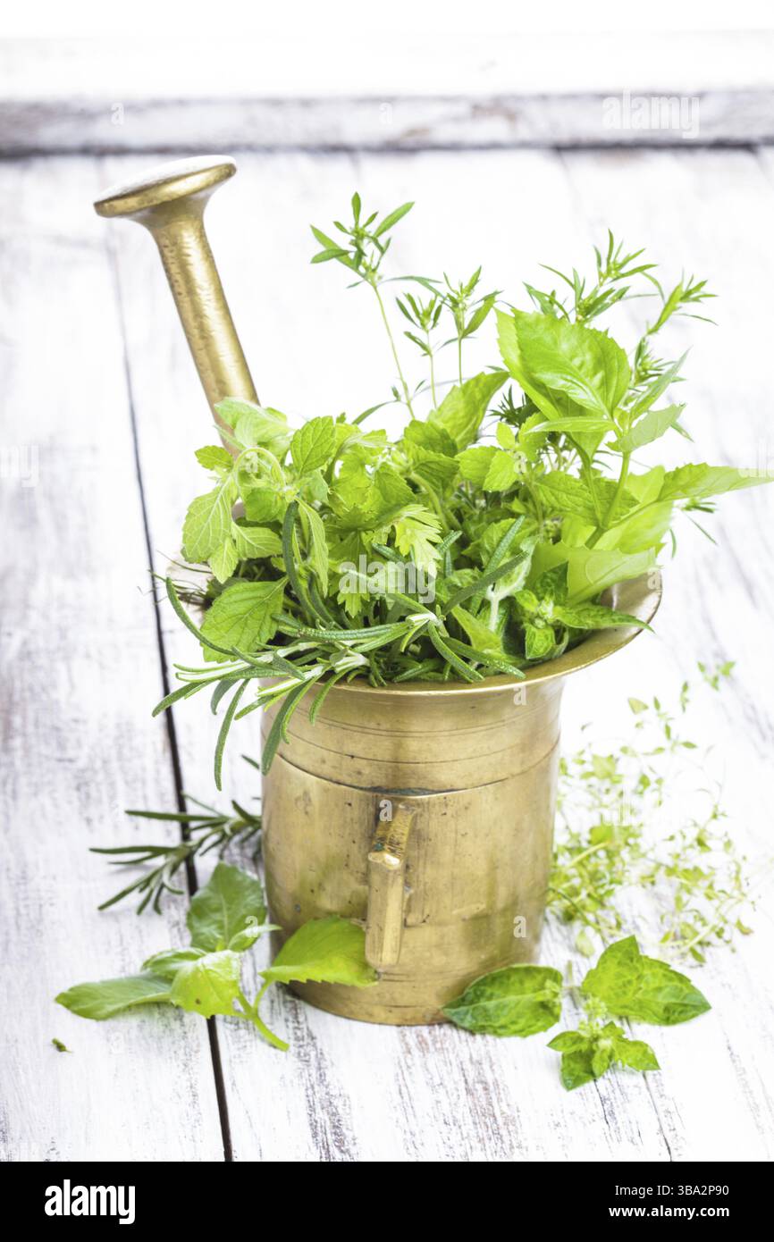 Des herbes fraîches dans le mortier de cuivre sur la table en bois miteux Banque D'Images