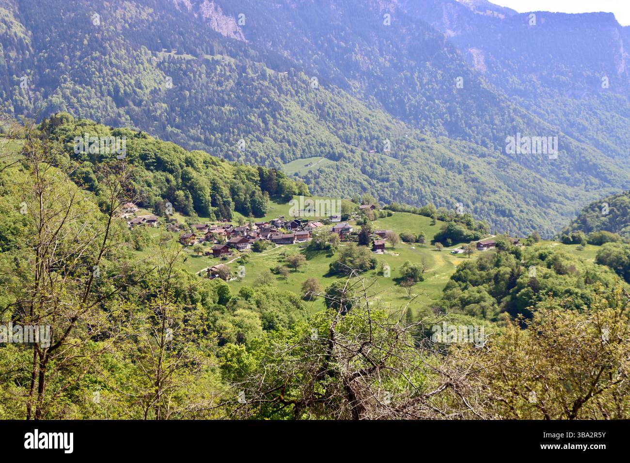 Chalets à flanc de montagne dans les montagnes au-dessous de Villars-sur-Ollon en Suisse, mai 2025 Banque D'Images
