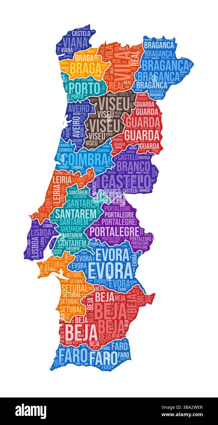 Forme Portugal. Nuage de mots de pays avec division de région. Illustration colorée Portugal. Nuage de noms de région. Illustration vectorielle. Illustration de Vecteur