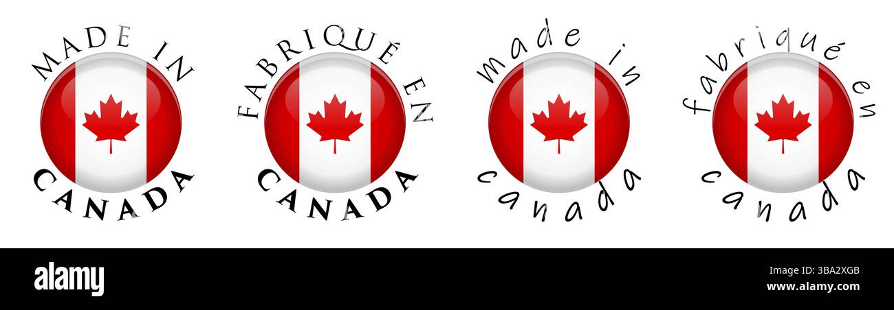Simple fait au Canada / traduction française signe de bouton 3D. Texte autour du cercle avec drapeau canadien. Version de police décente et occasionnelle Banque D'Images