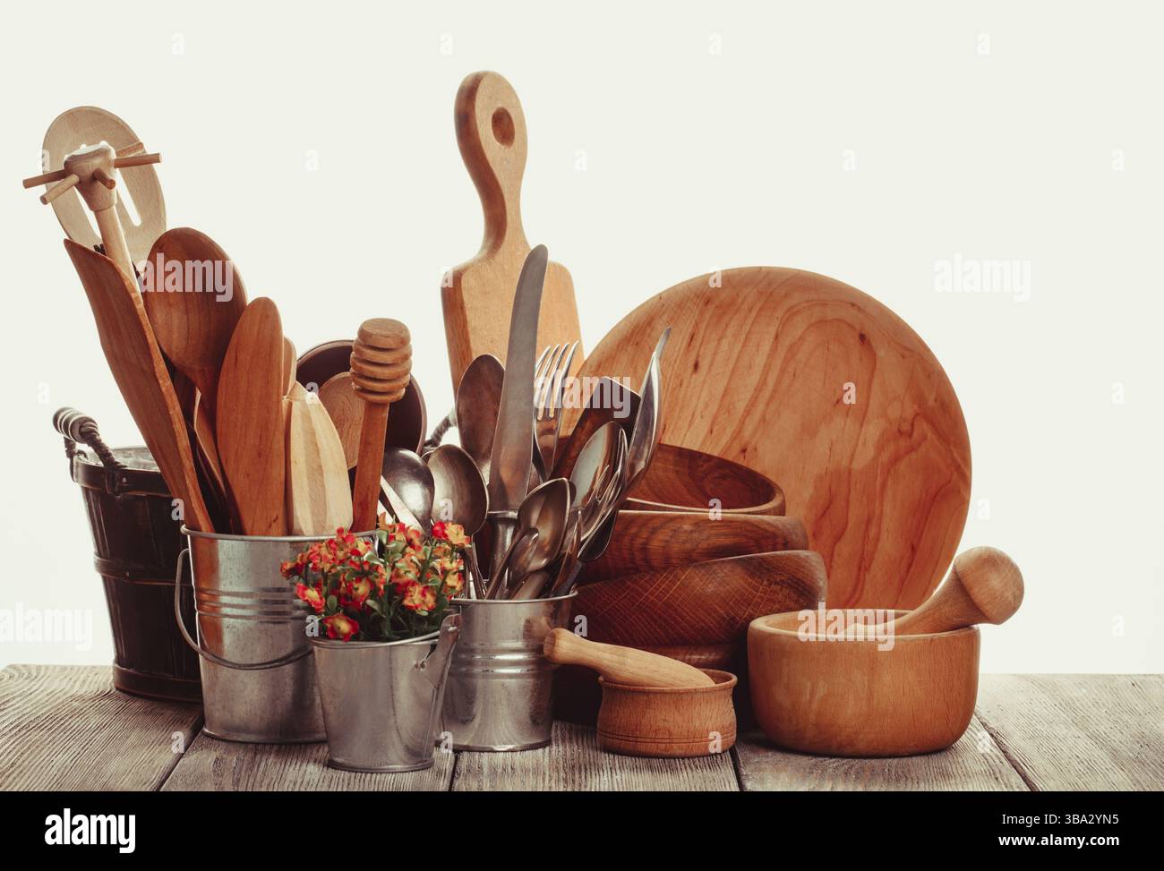 Cuisine de style rustique - antitersils en bois et rétro Banque D'Images