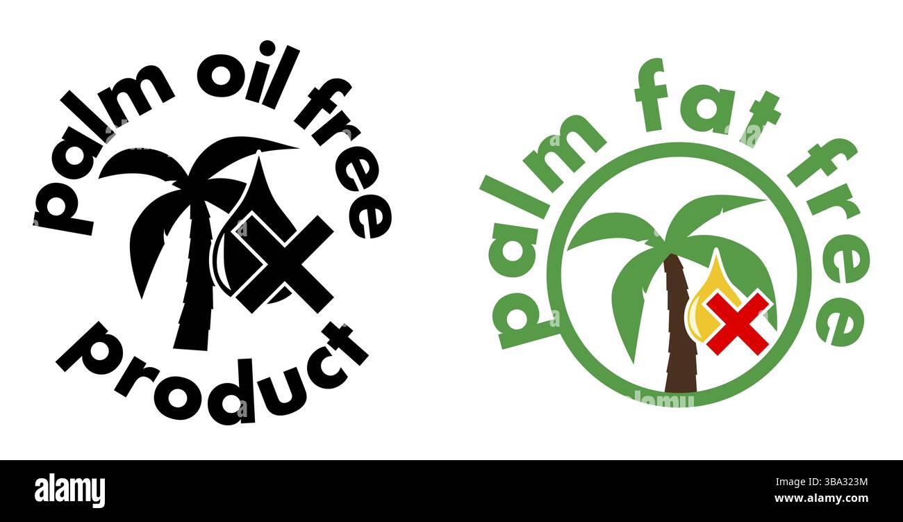 Icône de produit sans huile/graisse de palme. Symbole arbre et goutte avec croix. Version noir et blanc ou panneau couleur Banque D'Images