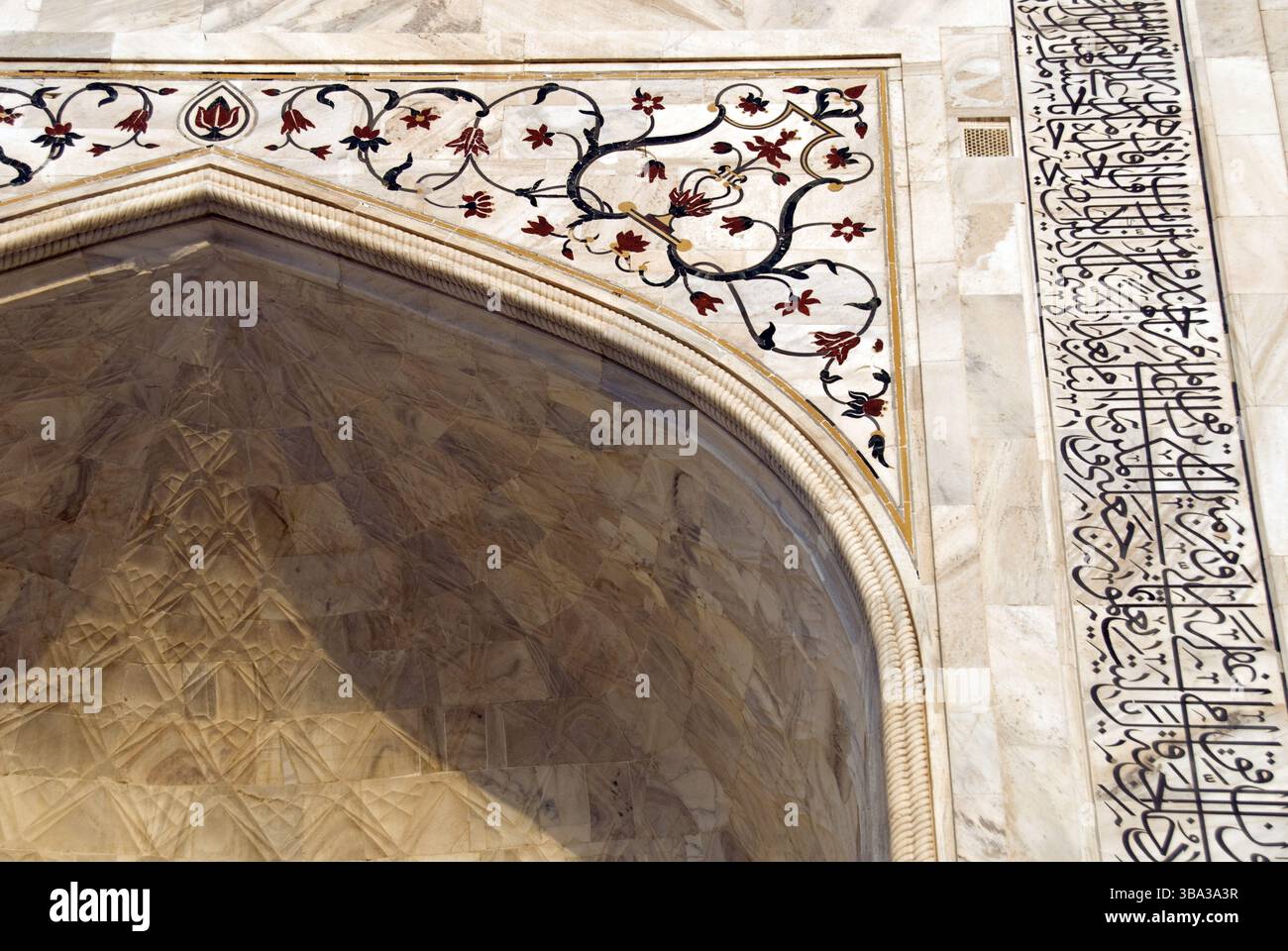 Détails de fleurs à l'aide de pietra dura, la technique de la marqueterie de marbre, qui ornent la façade du Taj Mahal, Agra, Inde. Banque D'Images
