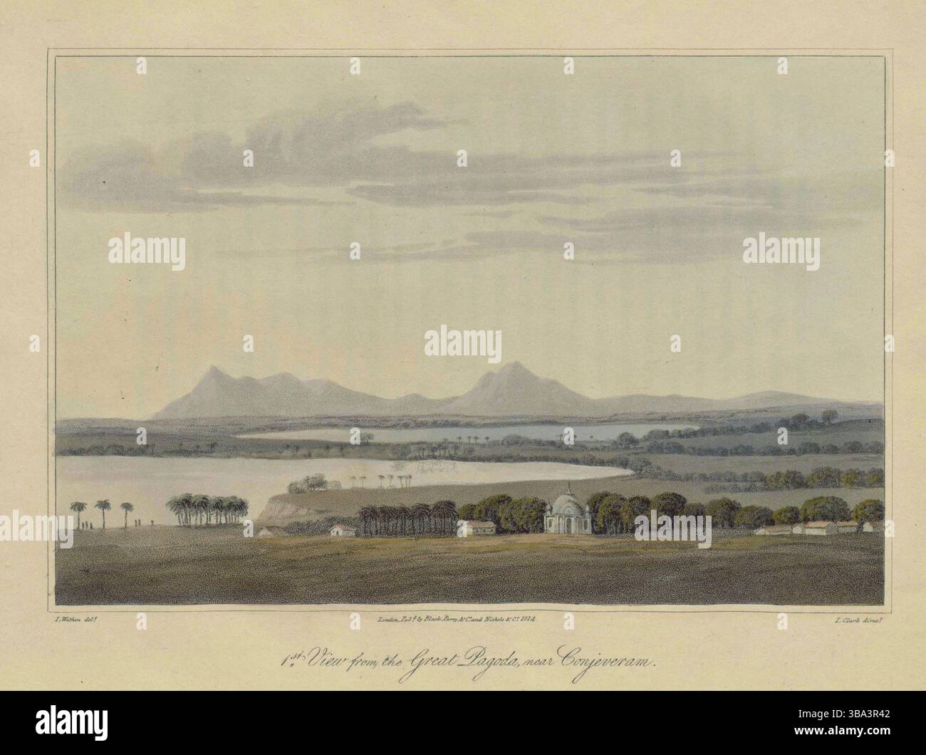 Vue depuis le sommet de la grande Pagode, des Ghauts et villages, près de Conjeveram. Tirages colorés illustrés, par James Wathen, tirés du voyage de HCS The Hope. années 1810 Banque D'Images