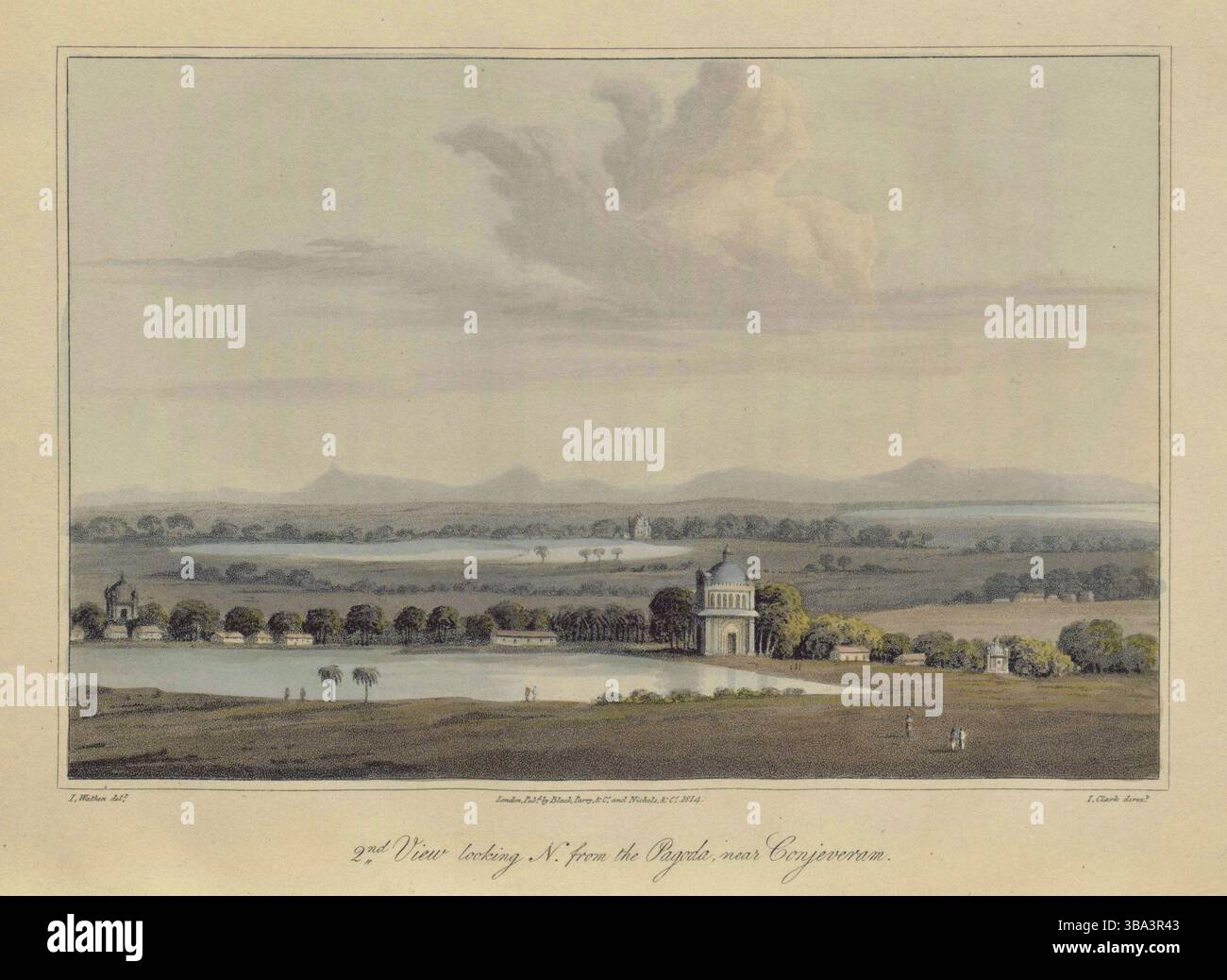 Vue depuis le sommet de la grande Pagode, des Ghauts et villages, près de Conjeveram. Tirages colorés illustrés, par James Wathen, tirés du voyage de HCS The Hope. années 1810 Banque D'Images