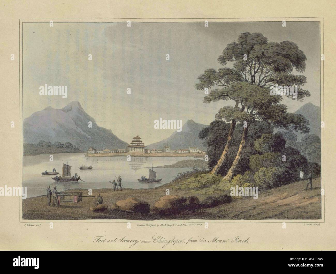 Chingleput et paysages à proximité, de retour de Conjeveram à Thomas Mount. Tirages colorés illustrés, par James Wathen, tirés du voyage de HCS The Hope. années 1810 Banque D'Images