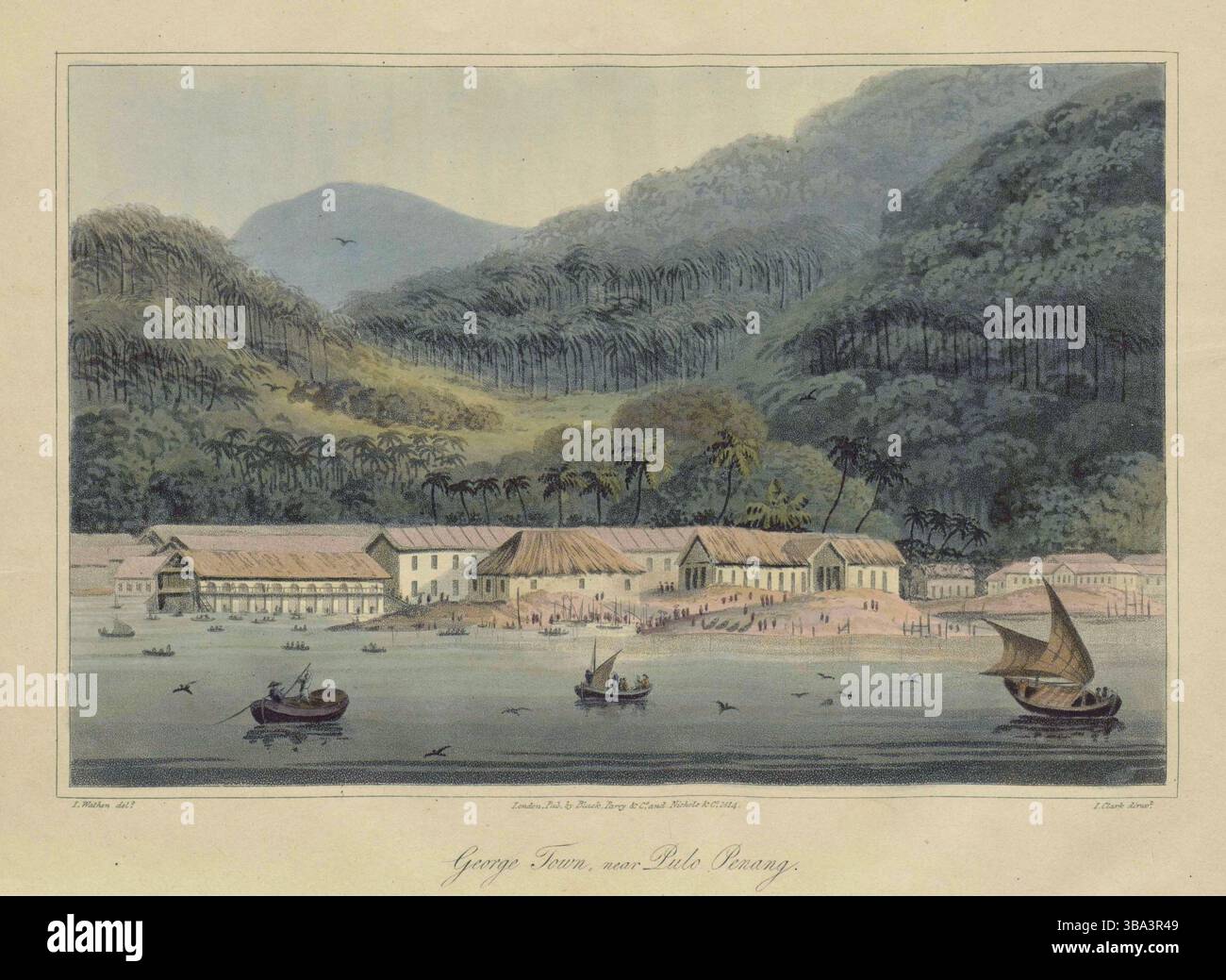 Vue sur la jetée, ou Landing-place, avec une partie de George Town, à Pulo-Penang, ou Prince of Wales's Island. Tirages colorés illustrés, par James Wathen, tirés du voyage de HCS The Hope. années 1810 Banque D'Images