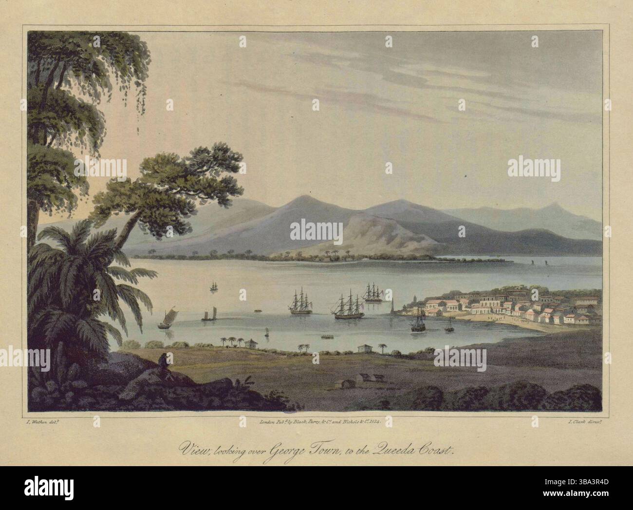 Vue en montant la haute colline à Penang, donnant sur George Town et « le détroit » à la côte de Queda. Tirages colorés illustrés, par James Wathen, tirés du voyage de HCS The Hope. années 1810 Banque D'Images